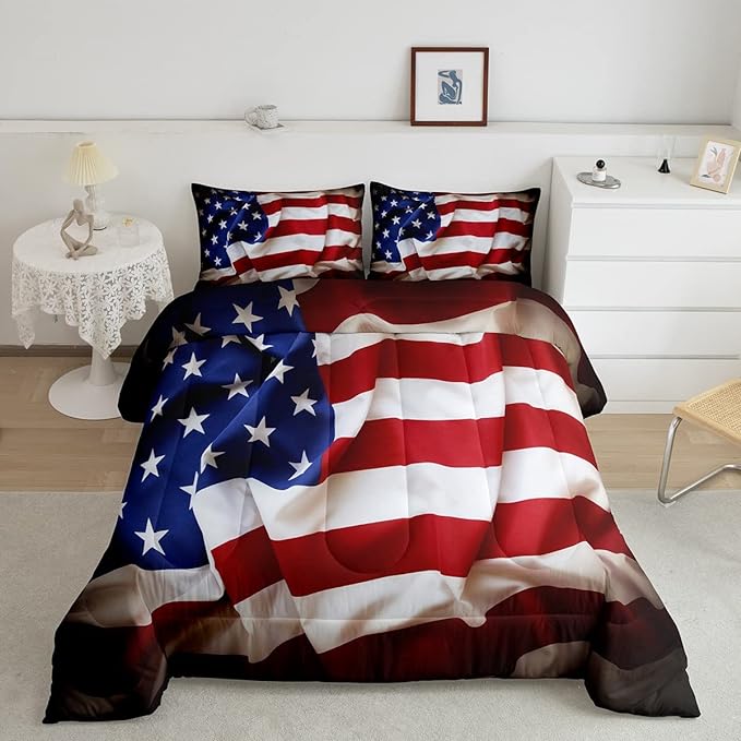 Erosebridal American Flag Comforter Set, United States Down Comforter Queen Size for Kids Boys Teens, USA Federations Stars Bedding Set Geometric Stripes Quilted Duvet for Bedroom, Blue White and Red - LeafyLoom