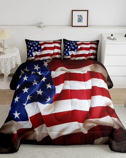 Erosebridal American Flag Comforter Set, United States Down Comforter King Size for Kids Boys Teens, USA Federations Stars Bedding Set Geometric Stripes Quilted Duvet for Bedroom, Blue White and Red - LeafyLoom