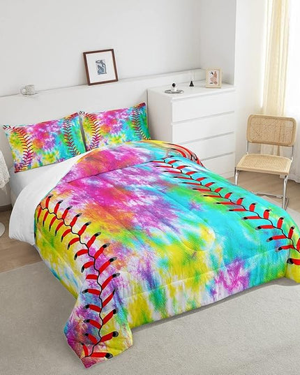 Feelyou Kids Baseball Comforter Boys Girls Softball Sports Game Comforter Set Girly Colorful Tie Dye Bedding Set Teens Men Baseball Gaming Quilt Set Rainbow Room Decor King Size for All Season 3Pcs - LeafyLoom