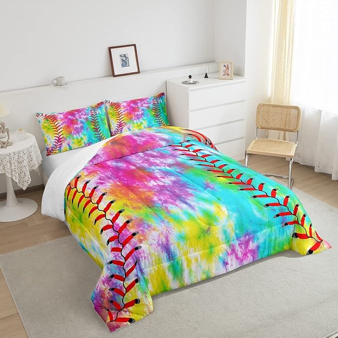 Feelyou Kids Baseball Comforter Boys Girls Softball Sports Game Comforter Set Girly Colorful Tie Dye Bedding Set Teens Men Baseball Gaming Quilt Set Rainbow Room Decor King Size for All Season 3Pcs - LeafyLoom