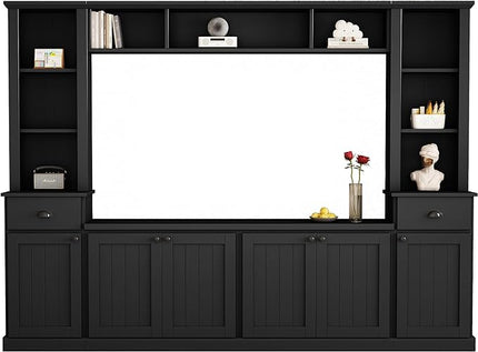 Merax Minimalist Entertainment Wall Unit Set with Bridge Ample Storage Space and Adjustable Shelves, TV Stand for Televisions Up to 75'', Modernist Large Media Console for Living Room, Black - LeafyLoom