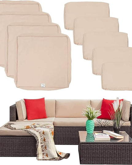 ClawsCover 9Pack Outdoor Seat and Back Cushions Replacement Covers Fit for 5 Pieces 4-Seater Wicker Rattan Furniture Patio Conversation Set Sectional Couch,Light Khaki-Include Cover Only (Large) - LeafyLoom