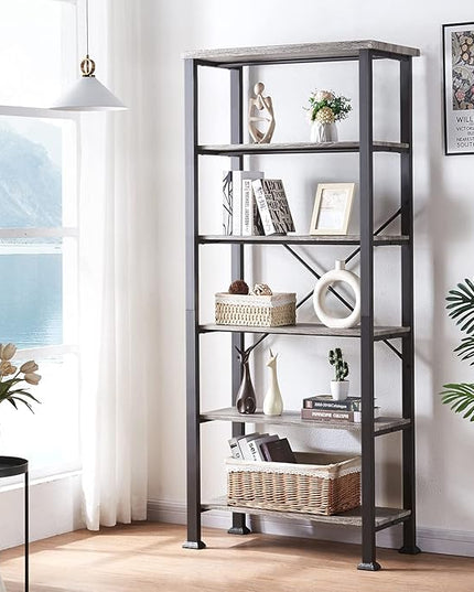 HOMBAZAAR Bookshelf, 6-Tier Vintage Industrial Book Shelf, Rustic Wood and Metal Bookcase and Bookshelves, Free Standing Storage Large Bookshelf for Living Room, Bedroom and Kitchen, Grey Oak - LeafyLoom