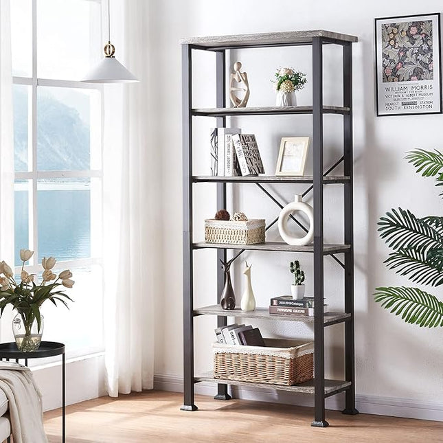 HOMBAZAAR Bookshelf, 6-Tier Vintage Industrial Book Shelf, Rustic Wood and Metal Bookcase and Bookshelves, Free Standing Storage Large Bookshelf for Living Room, Bedroom and Kitchen, Grey Oak - LeafyLoom
