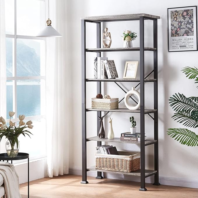 HOMBAZAAR Bookshelf, 6-Tier Vintage Industrial Book Shelf, Rustic Wood and Metal Bookcase and Bookshelves, Free Standing Storage Large Bookshelf for Living Room, Bedroom and Kitchen, Grey Oak - LeafyLoom