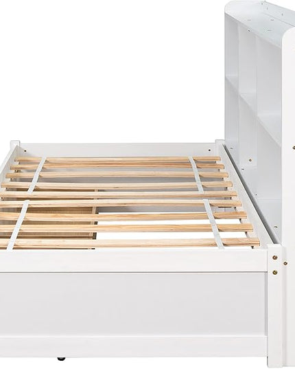 Twin Size Platform 2 Storage Drawers and Side Bookcase, Solid Wood Day Captain, Ideal Bed Frame for Bedroom, Living Room, White - LeafyLoom