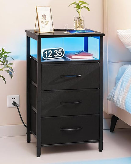Yoobure Night Stand with Charging Station, 16 Colors LED Nightstand with USB Ports and Outlets, End Table with 3 Fabric Drawers and Storage Shelf, Bedside Tables Small Dresser for Small Space Black - LeafyLoom