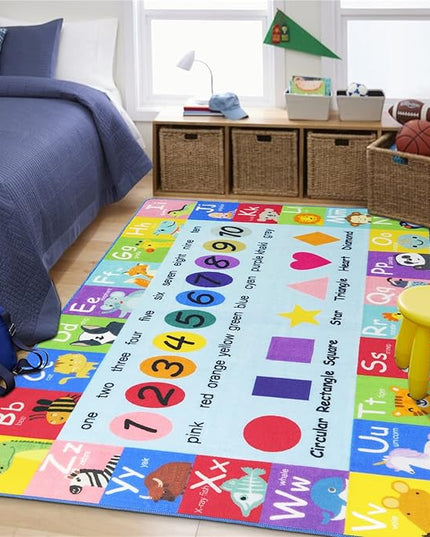 HEBE Kids Play Rug 4'x6' ABC Alphabet Numbers Shapes Educational Kid Area Rug Washable Baby Crawling Mat Non Slip Kid Play Mat Carpet for Girl Boy Bedroom Playroom - LeafyLoom