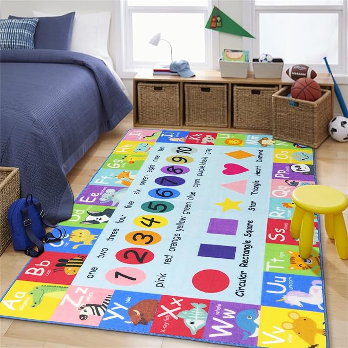 HEBE Kids Play Rug 4'x6' ABC Alphabet Numbers Shapes Educational Kid Area Rug Washable Baby Crawling Mat Non Slip Kid Play Mat Carpet for Girl Boy Bedroom Playroom - LeafyLoom