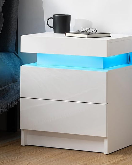 HOMMPA LED Nightstand White Nightstand with Led Lights Modern Night Stand with 2 High Gloss Drawers Led Bedside Table Smart Nightstand for Bedroom 20.5” Tall - LeafyLoom