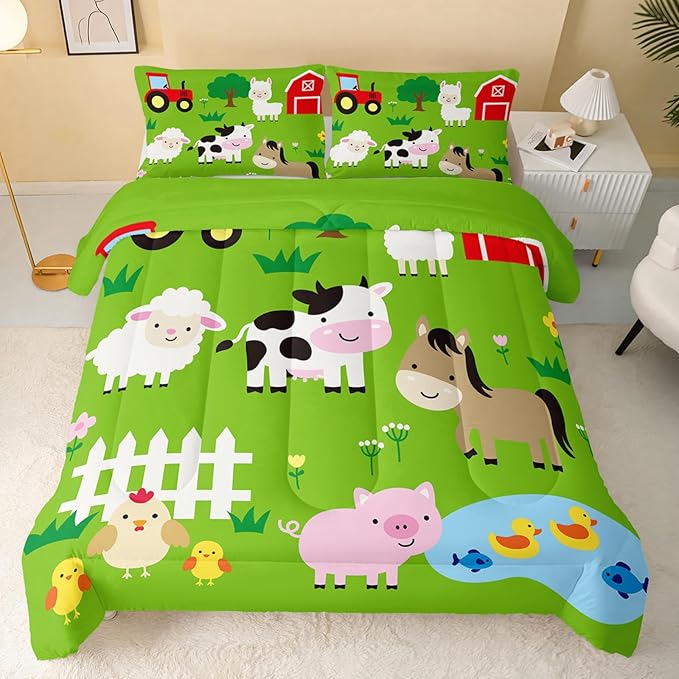 Farm Animal Comforter,Pig Cow Sheep Comforter Set for Kids Teens Girls Boys,3Pcs Bedding Set Printed Comforter with 2 Pillowcases,Down Alternative,Soft and Lightweight，Queen Size - LeafyLoom