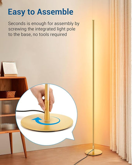 DEWENWILS Minimalist LED Corner Floor Lamp, Set of 2 Modern Dimmable Mood Light, 57.5" Standing Tall Lamp for Living Room, Bedroom, Office, 3000K Warm White Light (Gold) - LeafyLoom