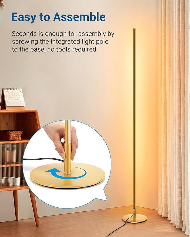 DEWENWILS Minimalist LED Corner Floor Lamp, Set of 2 Modern Dimmable Mood Light, 57.5" Standing Tall Lamp for Living Room, Bedroom, Office, 3000K Warm White Light (Gold) - LeafyLoom