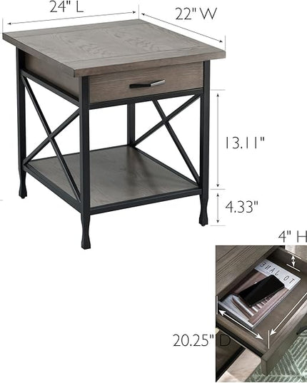 Leick Home 23007 Chisel & Forge One Drawer X Design Mixed Metal and Wood Side Table with Shelf, Smoke Gray and Matte Black, 22 in x 24 in x 24 in - LeafyLoom