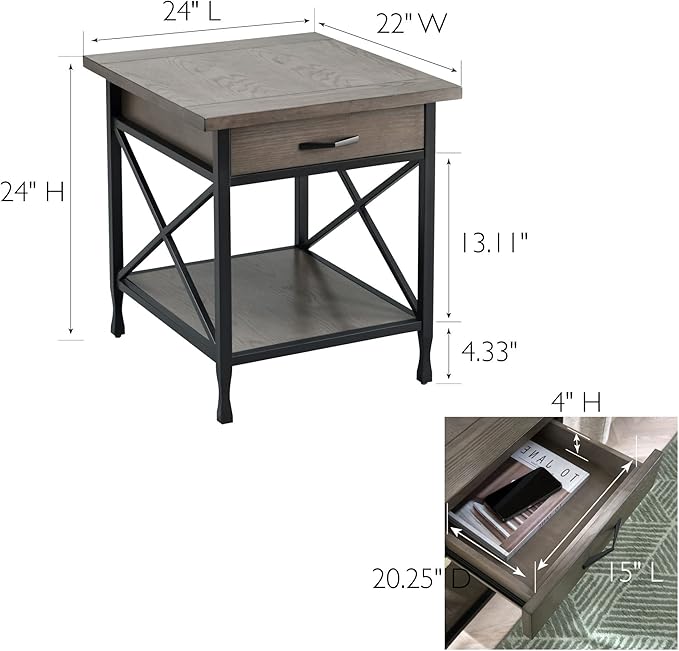 Leick Home 23007 Chisel & Forge One Drawer X Design Mixed Metal and Wood Side Table with Shelf, Smoke Gray and Matte Black, 22 in x 24 in x 24 in - LeafyLoom