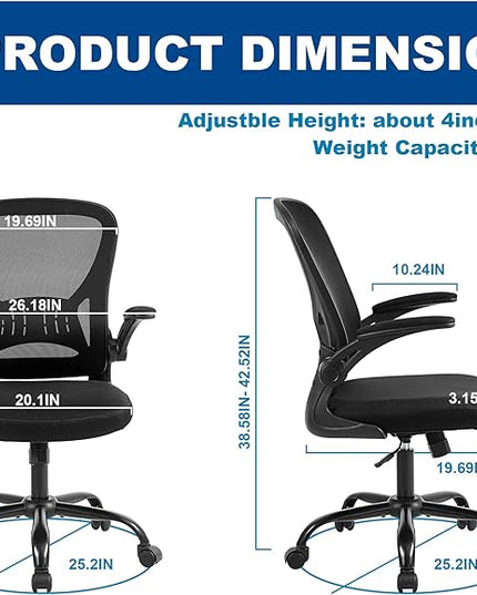 Mesh Office Chair, Ergonomic Computer Chair with Flip-up Arms and Lumbar Support, Height Adjustable Home Office Desk Chairs, Black - LeafyLoom