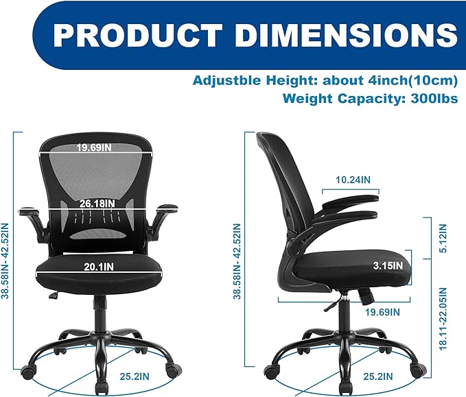 Mesh Office Chair, Ergonomic Computer Chair with Flip-up Arms and Lumbar Support, Height Adjustable Home Office Desk Chairs, Black - LeafyLoom