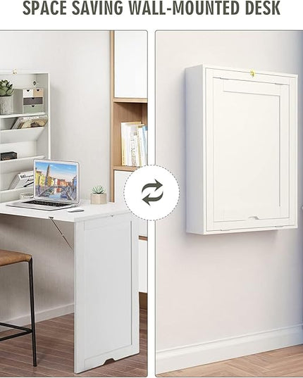 Wall Mounted Table w/Classified Storage Space, Foldable Multiple-Purpose Desk, Sturdy Wood Structure, White - LeafyLoom