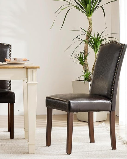 MCQ Upholstered Dining Chairs Set of 4, Modern Upholstered Fabric Dining Room Chair with Nailhead Trim and Wood Legs, Mid-Century Accent Dinner Chair for Living Room, Kitchen, Dark Brown - LeafyLoom