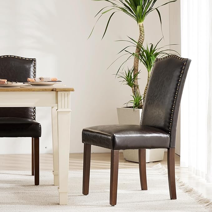 MCQ Upholstered Dining Chairs Set of 4, Modern Upholstered Fabric Dining Room Chair with Nailhead Trim and Wood Legs, Mid-Century Accent Dinner Chair for Living Room, Kitchen, Dark Brown - LeafyLoom
