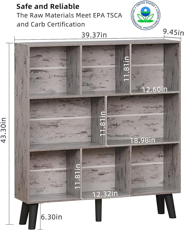 LEYAOYAO 8 Cube Bookshelf,3 Tier Bookcase with Legs,Modern Grey Mid-Century Bookshelves,Large Farmhouse Open Storage Organizer Shelf, Retro Wooden Display Book Case for Bedroom,Living Room,Office - LeafyLoom