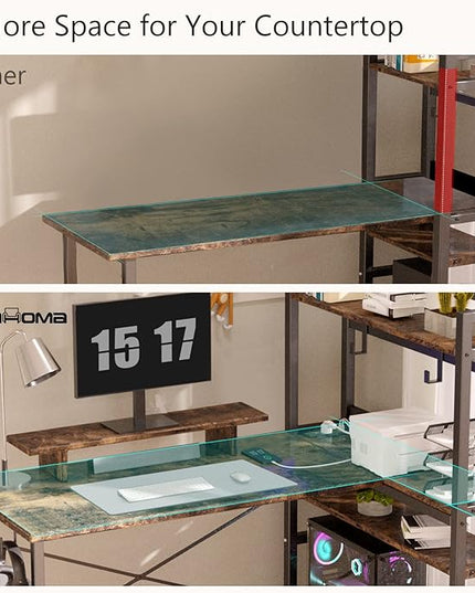 COMHOMA Gaming L Shaped Computer Desk, 55" Home Office Desk with Shelves, L Shape Computer Corner Desk with Charging Port, Gaming Table Power Outlet Build in, LED Writing Desk with Monitor Stand Brown - LeafyLoom