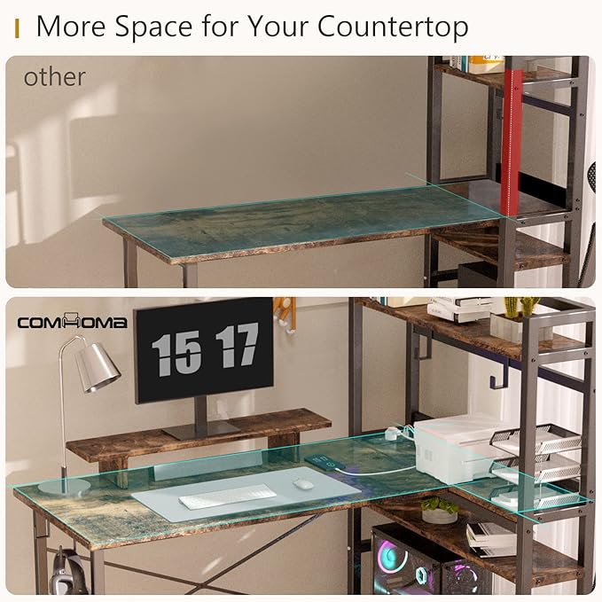 COMHOMA Gaming L Shaped Computer Desk, 55" Home Office Desk with Shelves, L Shape Computer Corner Desk with Charging Port, Gaming Table Power Outlet Build in, LED Writing Desk with Monitor Stand Brown - LeafyLoom