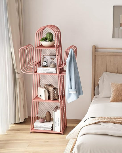 DOORXIF 4-Tier Ladder Pink Bookshelves Freestanding, Cactus Bookcase Storage Organizer Closet Corner Metal Display Cabinet, Corner Pink Bookshelf for Small Spaces, Pink Bookcase for Bedroom Office - LeafyLoom