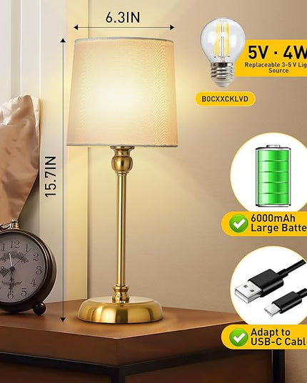 Cordless LED Table Lamp, 6000mAh Rechargeable Bedside Night Lamp for Bedroom, Portable Touch Stepless Dimmable Battery Operated Lamp, Ambient Light for Patio Restaurant(‎Antique Brass H) - LeafyLoom
