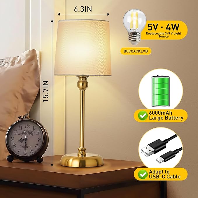 Cordless LED Table Lamp, 6000mAh Rechargeable Bedside Night Lamp for Bedroom, Portable Touch Stepless Dimmable Battery Operated Lamp, Ambient Light for Patio Restaurant(‎Antique Brass H) - LeafyLoom