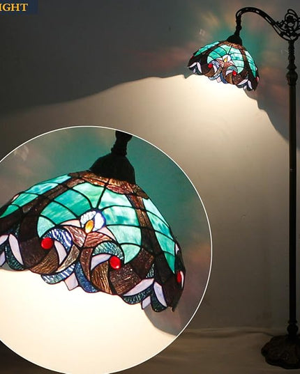 WERFACTORY Tiffany Floor Lamp Green Liaison Stained Glass Arched Lamp 12X18X64 Inches Gooseneck Adjustable Corner Standing Reading Light Decor Bedroom Living Room S160G Series - LeafyLoom