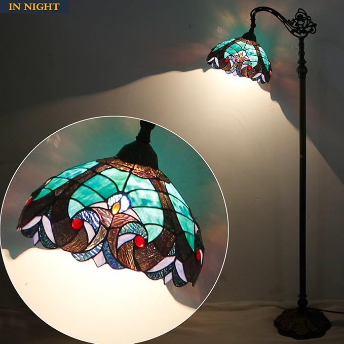 WERFACTORY Tiffany Floor Lamp Green Liaison Stained Glass Arched Lamp 12X18X64 Inches Gooseneck Adjustable Corner Standing Reading Light Decor Bedroom Living Room S160G Series - LeafyLoom