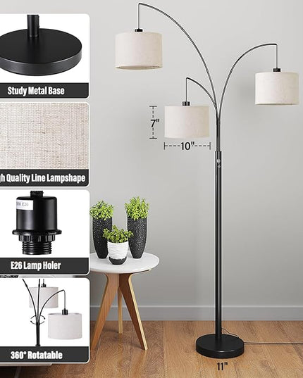 SUNMORY 3 Lights Floor Lamp for Living Room, 78" Tall Standing Lamp with Hanging Drum Shade, Modern Arc Floor Lamps with Heavy Base, Mid Century Arched Tree Floor Lamp for Bedroom, Office, Corner - LeafyLoom