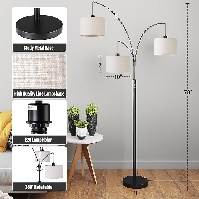 SUNMORY 3 Lights Floor Lamp for Living Room, 78" Tall Standing Lamp with Hanging Drum Shade, Modern Arc Floor Lamps with Heavy Base, Mid Century Arched Tree Floor Lamp for Bedroom, Office, Corner - LeafyLoom