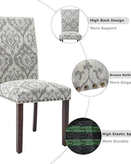 COLAMY Upholstered Parsons Dining Chairs Set of 4, Fabric Dining Room Kitchen Side Chair with Nailhead Trim and Wood Legs - Grey/White Flower - LeafyLoom