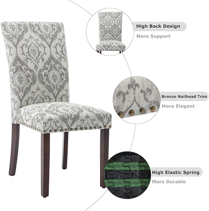 COLAMY Upholstered Parsons Dining Chairs Set of 4, Fabric Dining Room Kitchen Side Chair with Nailhead Trim and Wood Legs - Grey/White Flower - LeafyLoom