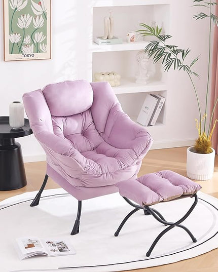 Welnow Lazy Chair with Ottoman, Modern Lounge Accent Chair with Armrests and a Side Pocket, Leisure Upholstered Sofa Chair Set, Reading Chair with Footrest for Small Space - LeafyLoom