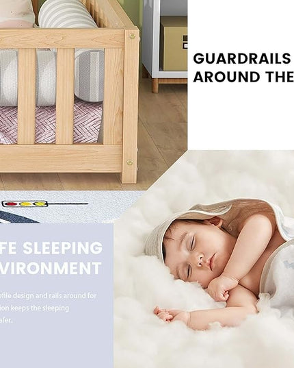 Multifunctional Full Size Floor Bed with Safety Guardrails and Door, Removable Wood Slats, Montessori Beds Frame for Toddlers, for Boys and Girls, Natural - LeafyLoom