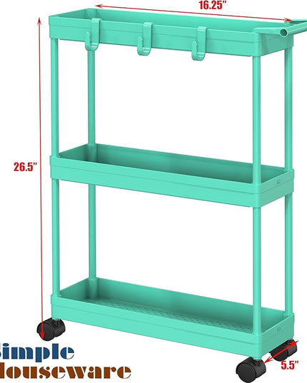 Simple Houseware Kitchen Cart Storage 3-Tier Slim/Super Narrow Shelves with Handle, 26.5'' Height/5.5'' Width for Narrow Place, Turquoise - LeafyLoom