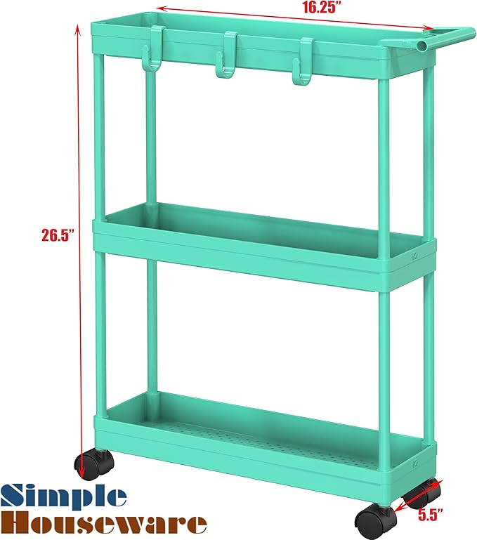 Simple Houseware Kitchen Cart Storage 3-Tier Slim/Super Narrow Shelves with Handle, 26.5'' Height/5.5'' Width for Narrow Place, Turquoise - LeafyLoom