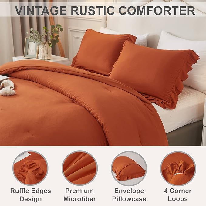Andency Terracotta Ruffle Comforter King(104x90Inch), 3 Pieces(1 Ruffled Comforter and 2 Pillowcases) Solid Farmhouse Shabby Chic Comforter, Vintage Rustic Soft Microfiber Bedding Set - LeafyLoom