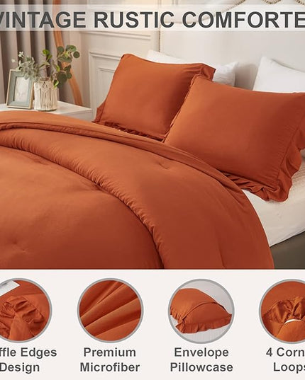 Andency Terracotta Ruffle Comforter Queen(90x90Inch), 3 Pieces(1 Ruffled Comforter and 2 Pillowcases) Solid Farmhouse Shabby Chic Comforter, Vintage Rustic Soft Microfiber Bedding Set - LeafyLoom