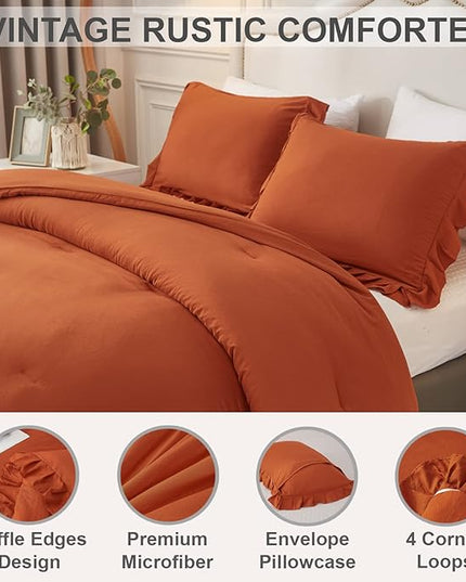 Andency Burnt Orange Twin Size Comforter Set, 2 Pieces Terracotta Ruffle Shabby Chic Bedding Comforters & Sets for Kids Grils, All Season Soft Lightweight Down Alternative Bed Blanket Set - LeafyLoom