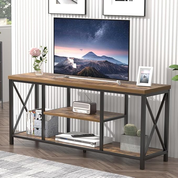 55 Inch TV Stand for Televisions up to 65 Inch, Modern Entertainment Center with Storage Shelves, Industrial Media TV Console for Living Room, Bedroom, Rustic Brown - LeafyLoom