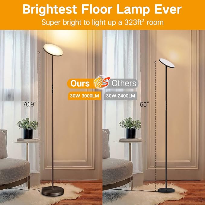 OUTON Floor Lamp, 30W/3000LM LED Modern Torchiere Sky Lamp, Dimmable Bright Standing Tall Lamp with 4 Color Temperatures, 1 Hour Timer, Remote Touch Control for Living Room Bedroom, Office, Bronze - LeafyLoom