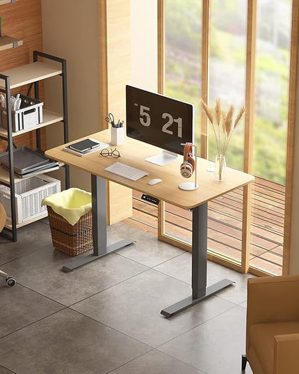 Height Adjustable Electric Standing Desk, 48 x 24 Inches Sit Stand up Desk, Home Office Desk with Whole-Piece Desktop, Maple Desktop/Black Frame - LeafyLoom