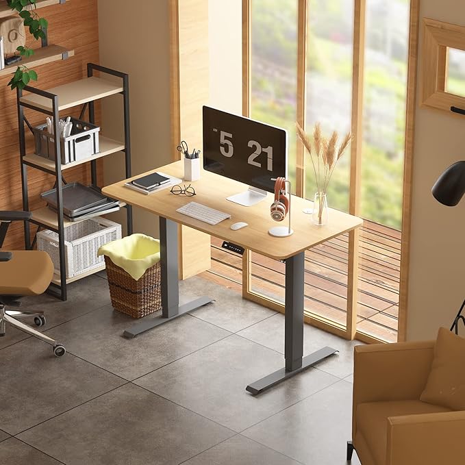 Height Adjustable Electric Standing Desk, 48 x 24 Inches Sit Stand up Desk, Home Office Desk with Whole-Piece Desktop, Maple Desktop/Black Frame - LeafyLoom