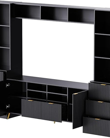 113Inch Entertainment Wall Unit with Bridge, Stand Media Console Table for TVs Up to 70" with 13 Shelves,8 Drawers and 2 Cabinets for Living Room, Black - LeafyLoom