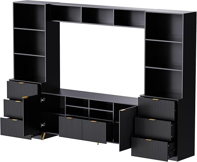 113Inch Entertainment Wall Unit with Bridge, Stand Media Console Table for TVs Up to 70" with 13 Shelves,8 Drawers and 2 Cabinets for Living Room, Black - LeafyLoom