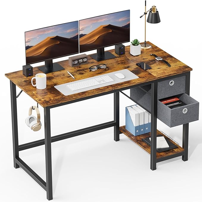 SMUG 47 Inch Computer Desk, Small Office Desk with Storage Drawers, Modern Simple Style Writing Study PC Work Table for Home Bedroom Small Spaces - LeafyLoom